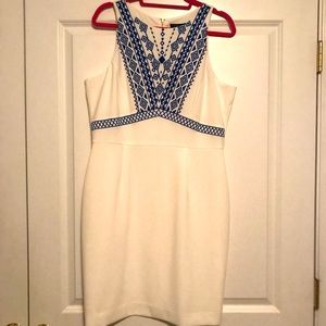 Tahari White Dress with Blue Embroidery